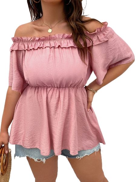 

plus off shoulder ruffle trim peplum blouse f8j6#, Black