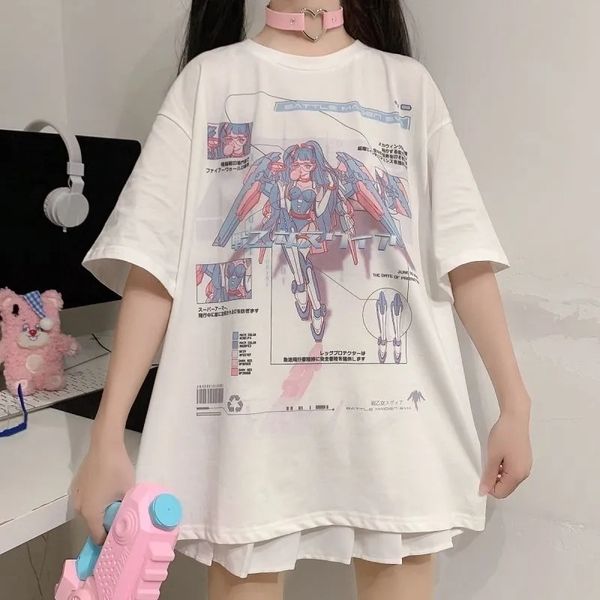 

women's tshirt japanese twodimensional vintage shortsleeved women loose fake two shoulders ins harajuku style salt 230206, White