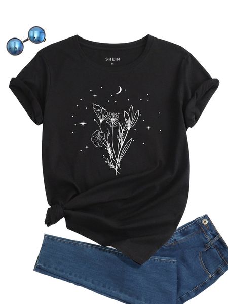 

moon and floral print tee g4qw#, White