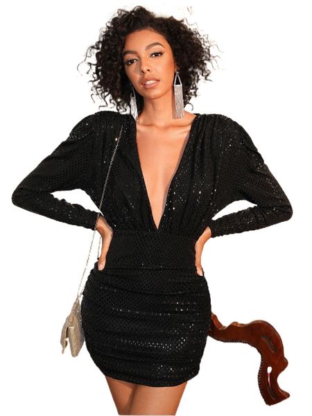 

plunging neck puff sleeve ruched side sequins bodycon dress l3nv#, Black;gray