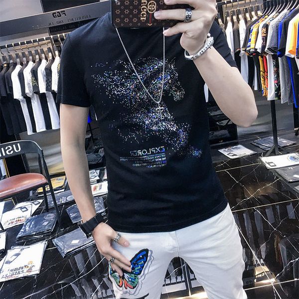 Herren T-Shirts 2022 Mode Neues Pferdemuster Design Strass Pailletten Slim Fit Kurzarm Mercerisierte Baumwolle Rundhalsausschnitt Western-Stil T-Shirts Schwarz aWeiß M-4XL