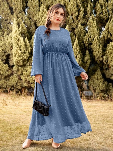 

plus swiss dot bishop sleeve maxi a-line dress k27p#, Black