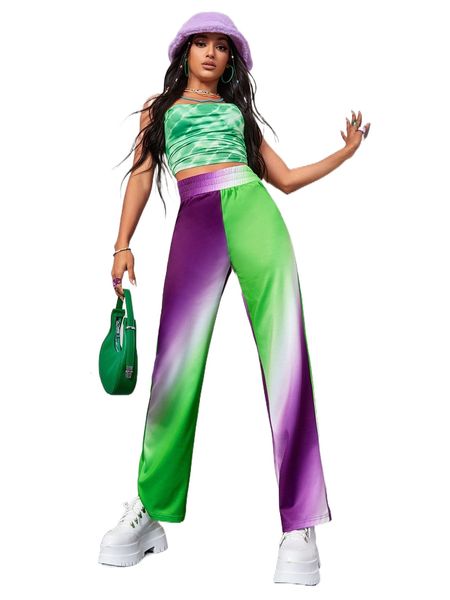 

high waist ombre straight leg pants 713o#, Black;white