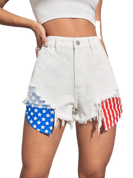 

contrast star and striped panel bleach wash denim shorts 987x#, White;black