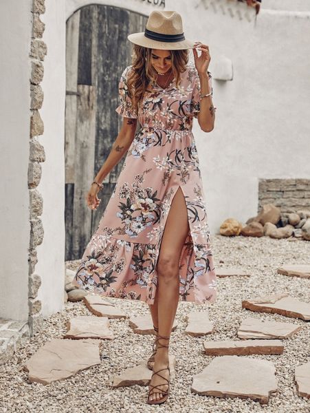 

floral print puff sleeve ruffle hem split thigh dress c0sf#, Black;gray