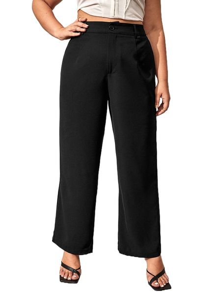 

plus solid wide leg pants 65bc#, Black