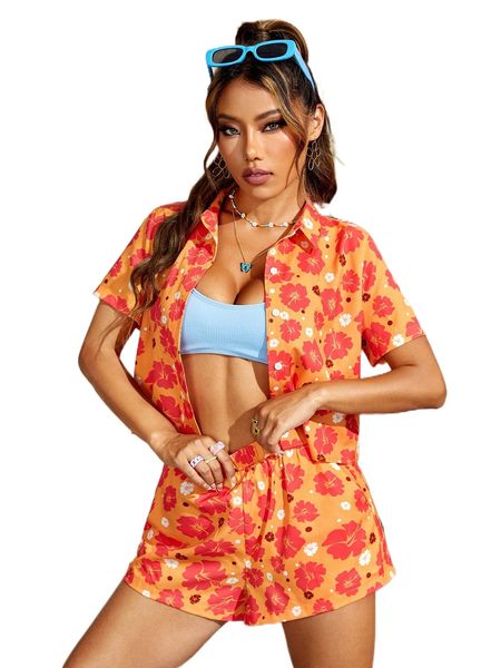 

allover floral print button front shirt without bra & shorts b0hr#, White