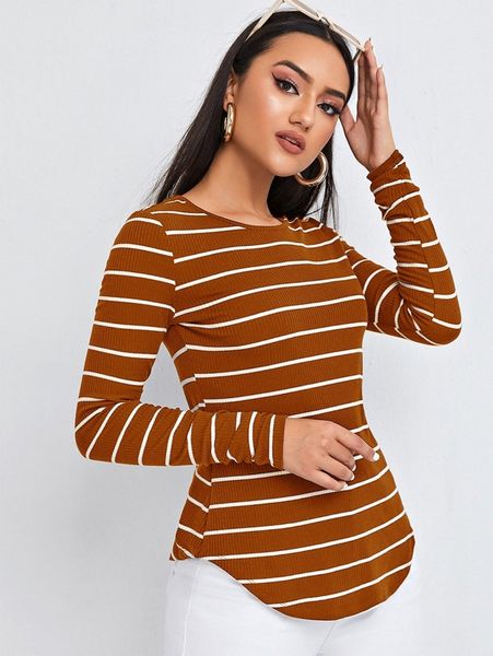 

rib knit curved hem striped t-shirt u2ho#, White