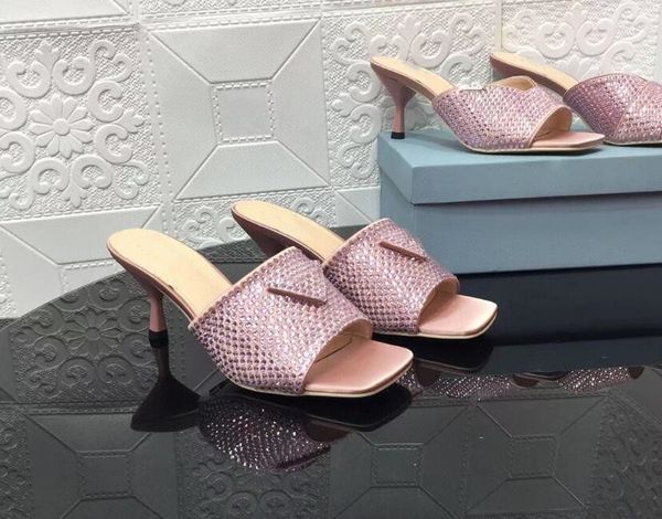 

bright full diamond sandals shoes 2022 early spring new silk sequins square toe open half drag high-heeled women's shoes beauty, Black