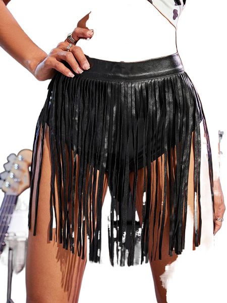 

fringe trim butterfly detail pu leather skirt k3jk#, Black