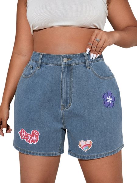 

plus heart & floral patched slant pockets denim shorts r4c2#, White;black