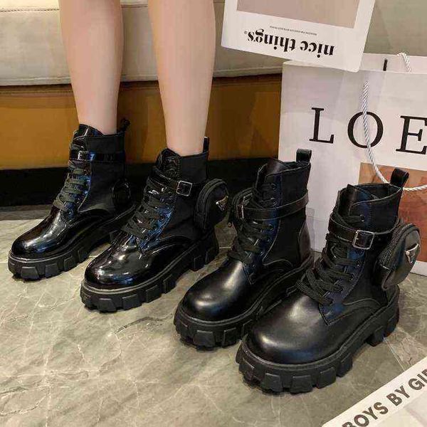 

martin women fashion boots shoes winter women's locomotive patent leather short thick soled womens booties 220725, Black