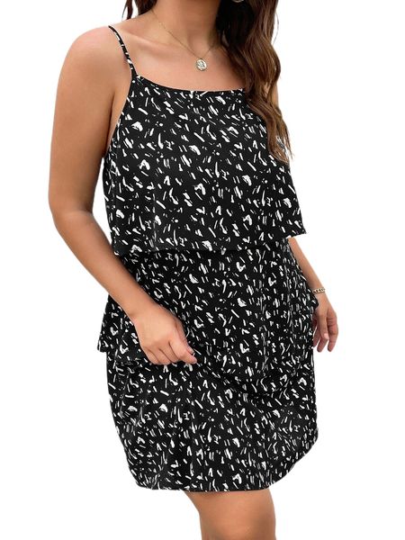 

plus allover print layered hem cami dress o5os#, Black