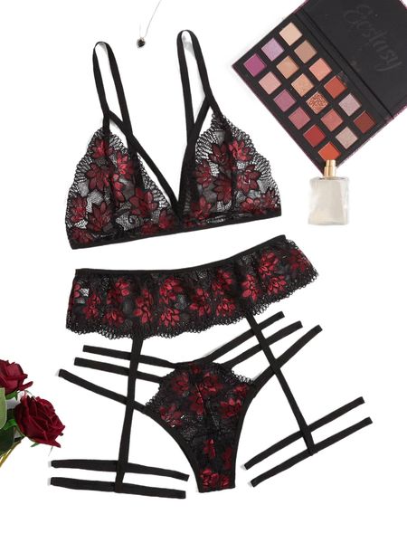 

floral lace garter lingerie set o0uk#, Black;red