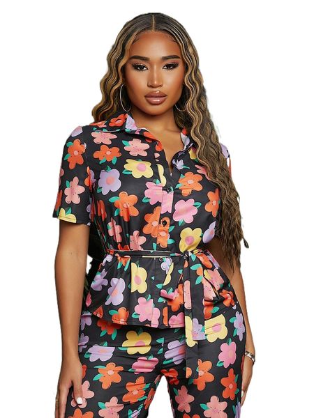 

sxy allover floral print belted chiffon blouse e7yq#, White