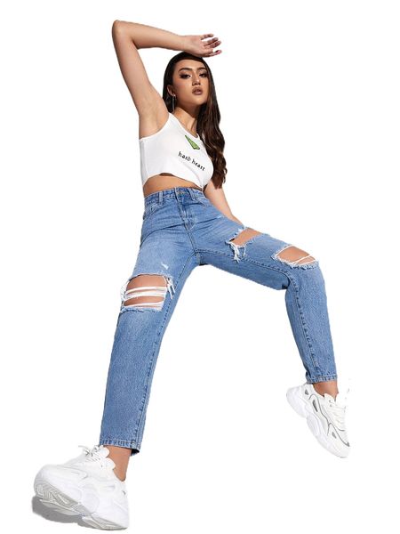 

high waist ripped mom jeans q0at#, Blue