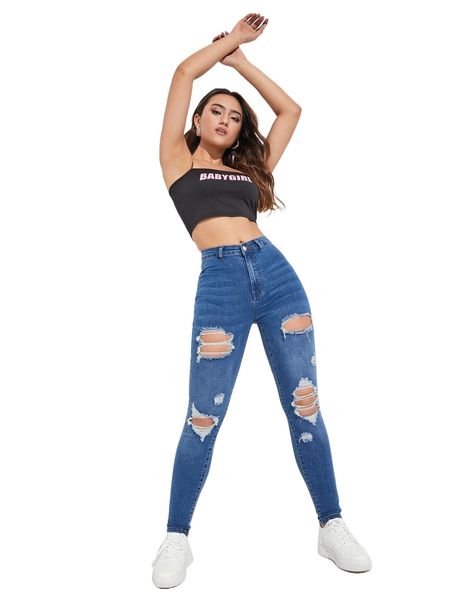 

high waisted ripped skinny jeans n63v#, Blue