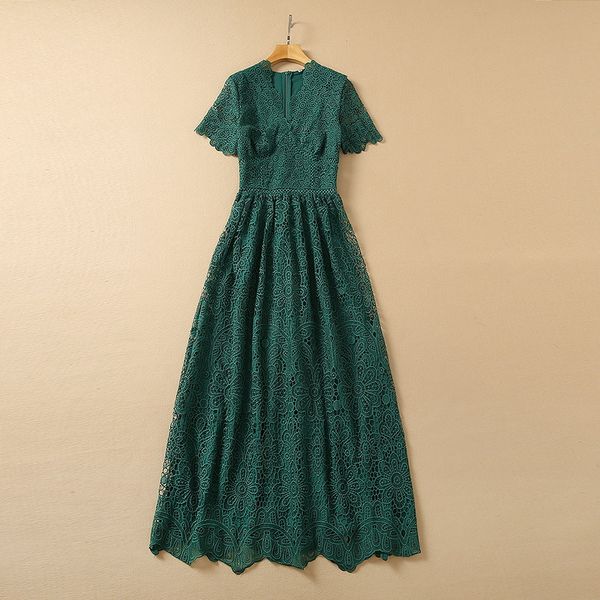 

european and american women's summer 2022 new short sleeve v-neck fashionable green hollow pleated dress, Black;gray