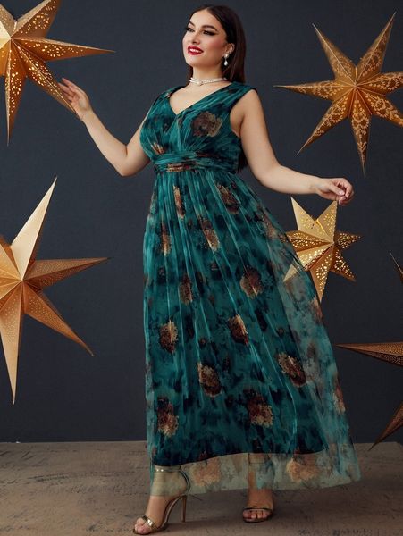 

plus floral print ruched mesh maxi dress h15y#, Black