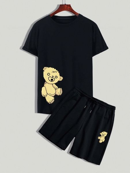 

romwe guys bear graphic tee & drawstring shorts 91m2#, Gray