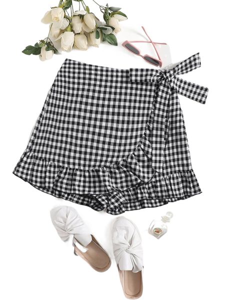 

knot side ruffle trim gingham skort 68ei#, White;black
