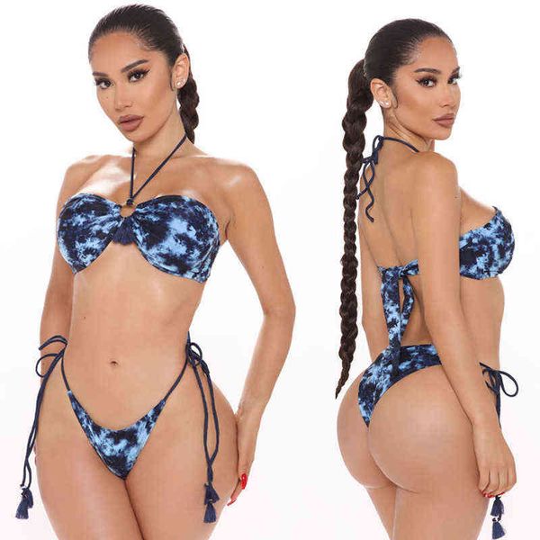 

bikini bra strange and neck lace up ink dye printed swimsuit women's 2112, White;black