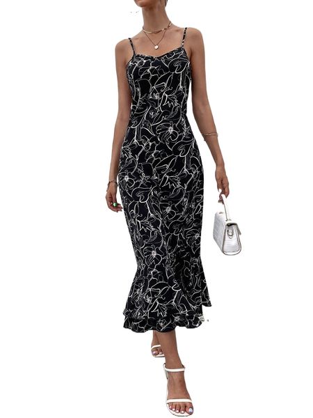 

floral print layered hem cami dress 17op#, Black;gray