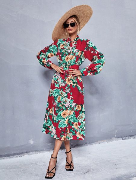 

floral print bishop sleeve belted shirt dress f8tb#, Black;gray