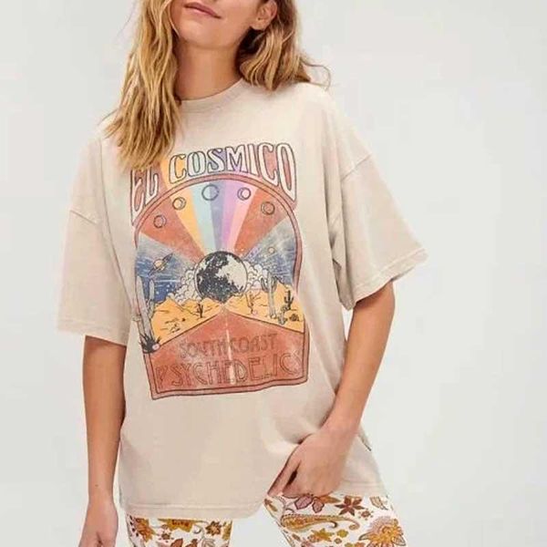 T-shirt femminile Super chic in cotone beige grafico tee a maniche corta Le magliette estate casual topi vintage donne bohémien tshirtswomen's