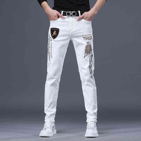 

men's pants slim fit small foot elastic brand letter embroidery drill jeans men's fashion, Blue