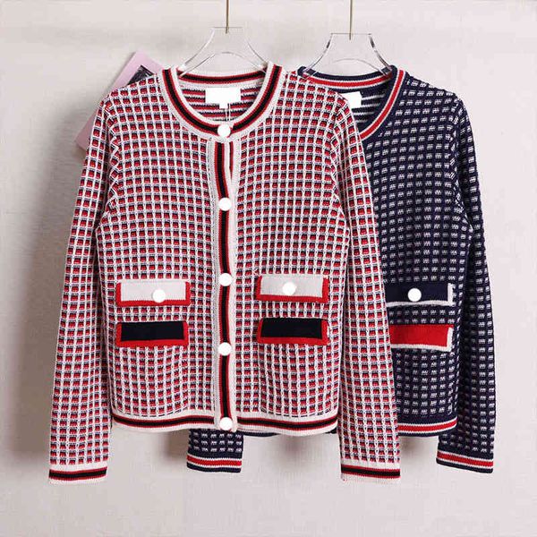 

women's knits tees xiaoxiangzi style cardigan round neck single breasted color matching knitted long sleeve double pocket small checker, White
