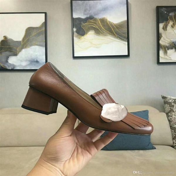 

classic mid heeled boat shoe designer leather thick heel high heels 100% cowhide tassels round head metal button women dress shoes242b, Black