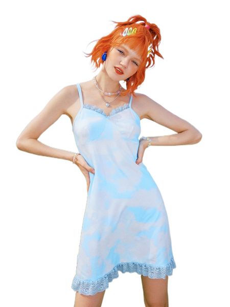 

romwe y2k revival tie dye lace trim cami dress q1sv#, Black;gray