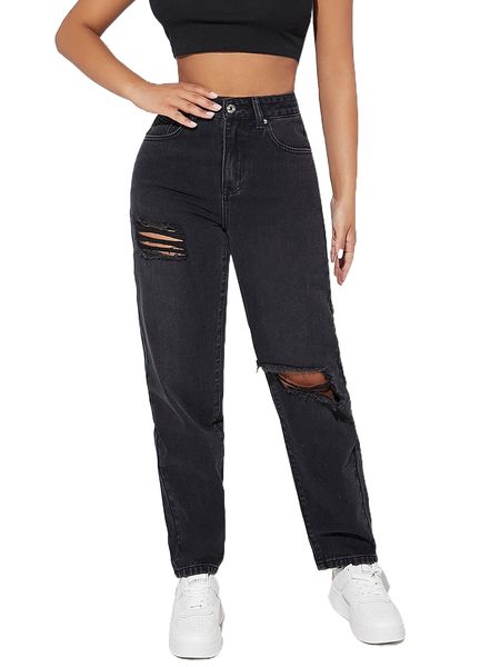 

petite high waist ripped cut out mom fit jeans w523#, Blue