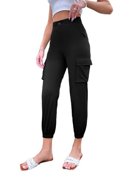 

flap pocket high waist pants 84zi#, Black;white