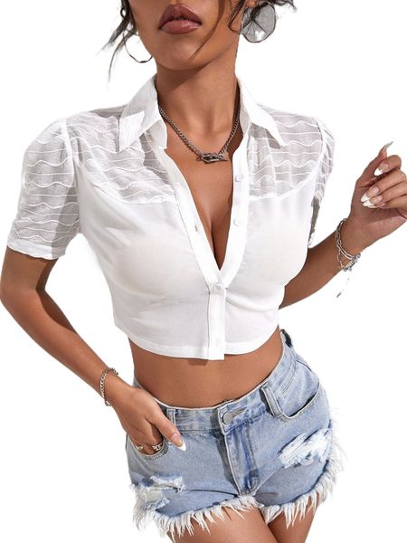 

puff sleeve mesh panel crop a2pl#, White