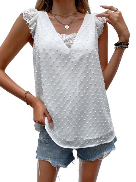 

swiss dot contrast lace butterfly sleeve blouse q7fw#, White