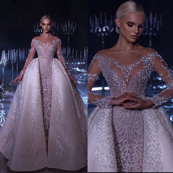 

princess mermaid wedding dress long sleeves v neck backless detachable train appliques sequins diamonds floor length bridal gowns custom mad, White