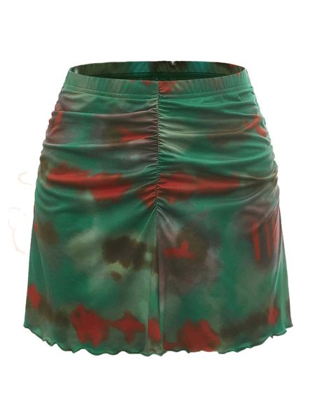 

tie dye ruched lettuce trim skirt f3ro#, Black