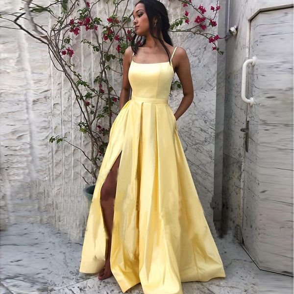 

long prom dresses spaghetti straps yellow satin simple formal party evening gowns a-line vestido de festa, Black