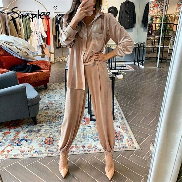 

long sleeve velvet blouse pants belt outfits feamle two pieces soft trousers set pocket knitted autumn winter suit 2020 lj201120, White