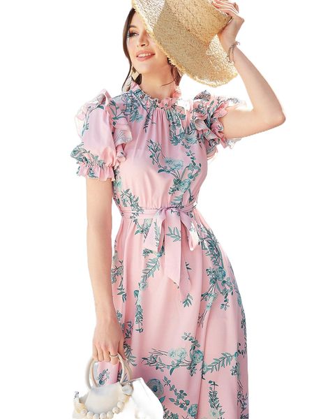 

floral print puff sleeve ruffle trim belted dress 81it#, Black;gray