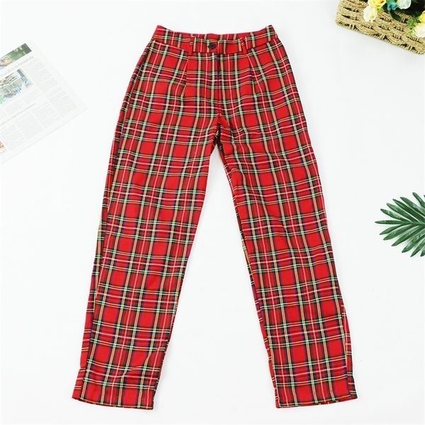 

za pantolon street straight pant painted punk checkered pants plaid zipper casual vintage style red plaid harem trousers 201228, Black;white