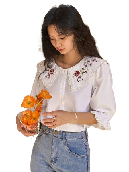 

dazy floral embroidery statement collar flounce sleeve blouse z75l#, White