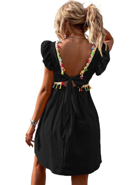 

solid fringe detail tie backless cap sleeve dress 331h#, Black;gray