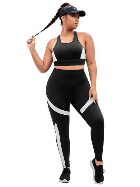 

plus two tone mesh insert cut out racer back sports set p89x#, Black