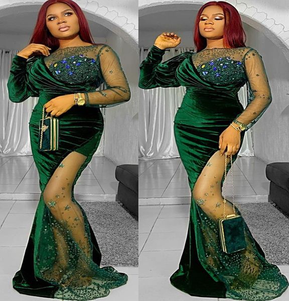 

2022 plus size arabic aso ebi mermaid green velvet prom dresses sheer neck evening formal party second reception birthday engagement bridesm, Black