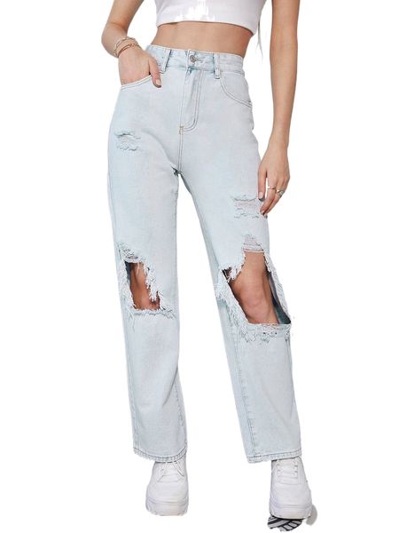 

high waist ripped straight leg jeans i87j#, Blue