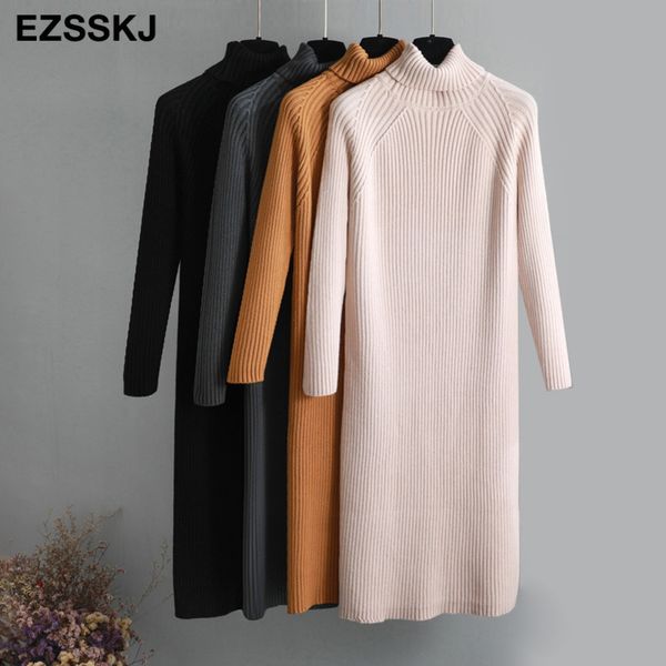 

oversize thick long coarse wool turtleneck sweater dres autumn winter female casual loose knit straight sweater dress y200101, White;black