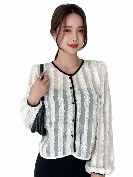 

dazy frill trim contrast binding bishop sleeve sheer blouse u4qp#, White
